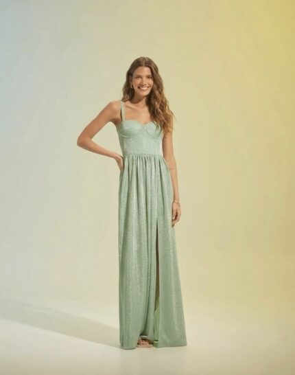 Abito Lungo Verde Salvia con Corpino Strutturato e Spacco, taglia 40– Feleppa