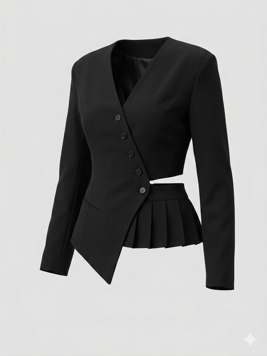 Tailleur con giacca asimmetrica e cut out